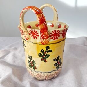 Vintage Italian Hand-Painted Ceramic Basket Vase Cottage Style